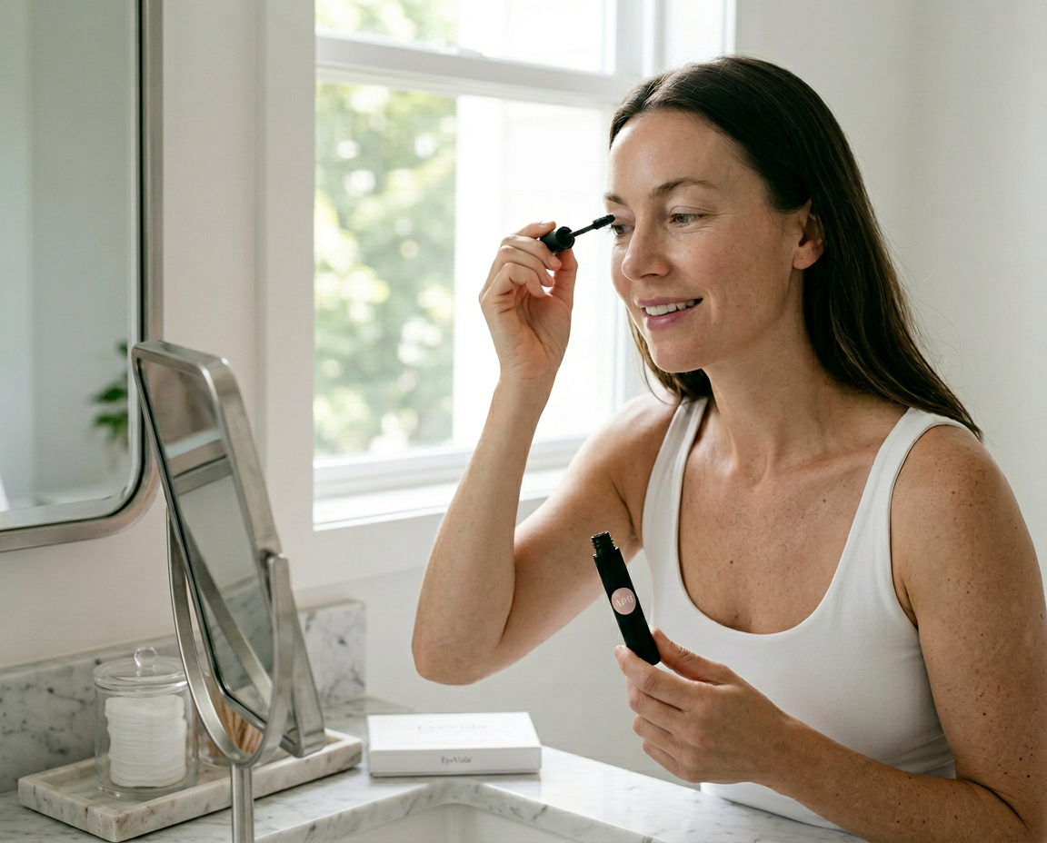 Woman applying mascara at a white marble vanity, with EyeVida product on the counter