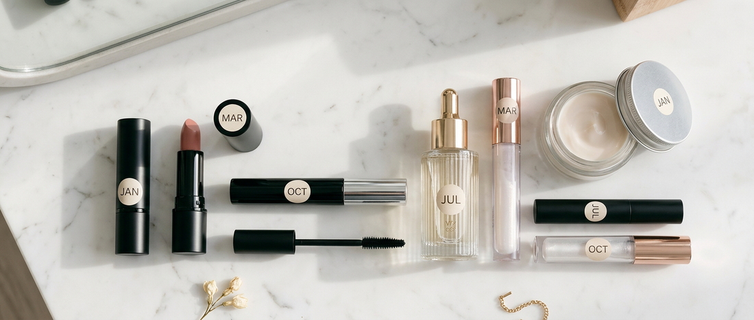 Organized makeup products laid out on a white marble vanity, ready for a hygiene audit