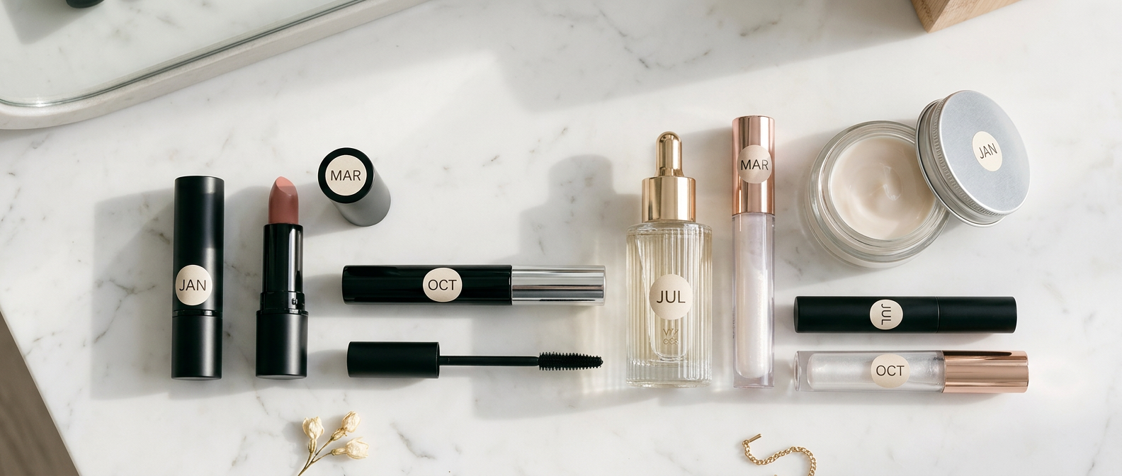 Organized makeup products laid out on a white marble vanity, ready for a hygiene audit